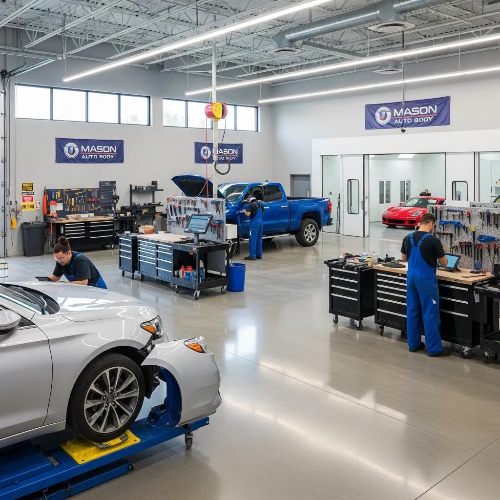 Auto body repair shop in Mason, MI, with technicians working on vehicles, featuring a silver car on a lift, a blue truck being serviced, and organized tool stations.