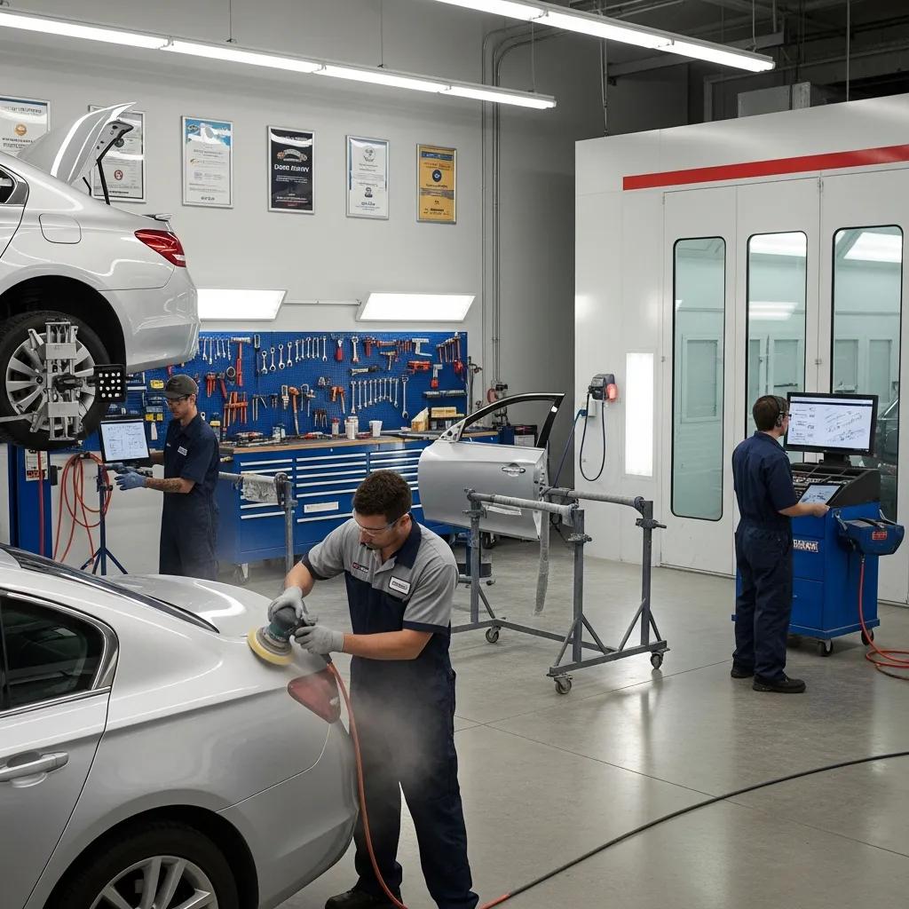 Technicians working in a modern auto body repair shop in Mason, MI, focusing on vehicle maintenance and collision repair, with tools and equipment visible in a clean, organized environment.