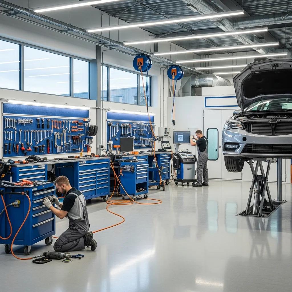 Auto body shop interior with technicians repairing a car, showcasing tools and equipment, representing reliable auto repair services and insurance claims assistance.