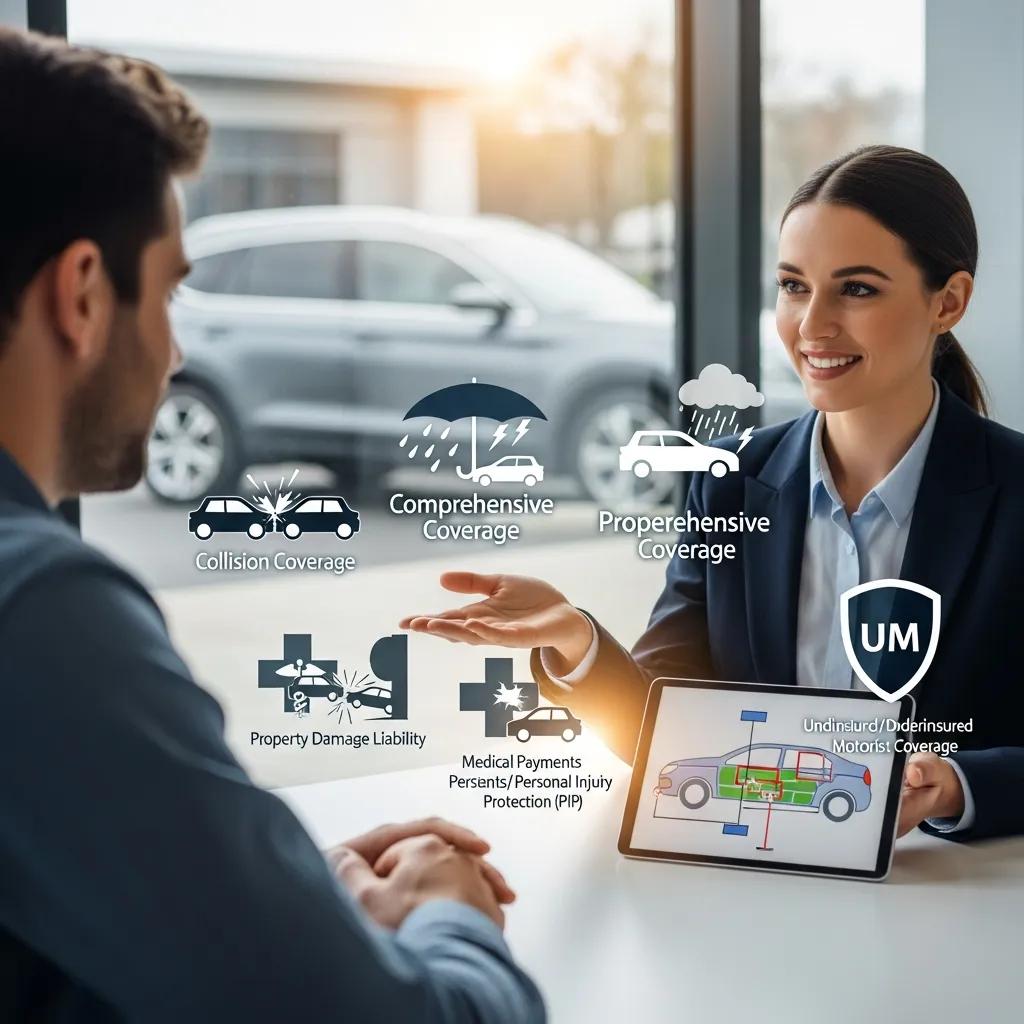Customer discussing auto insurance coverages with an insurance agent, featuring icons for collision, comprehensive, property damage liability, medical payments, and uninsured motorist coverage, with a car repair illustration on a tablet.