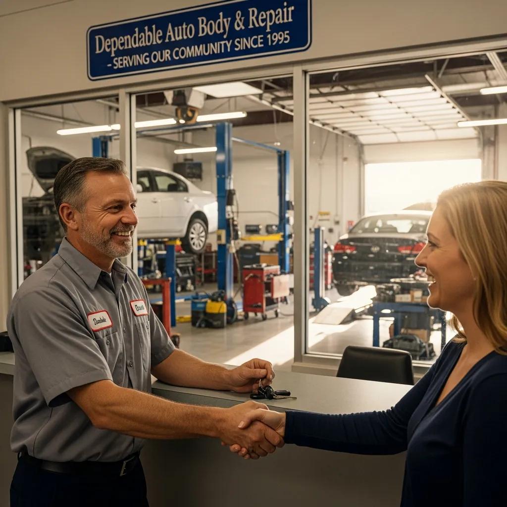 Local auto body technician assisting a customer with personalized service at a collision repair shop, showcasing a handshake and community-focused atmosphere.