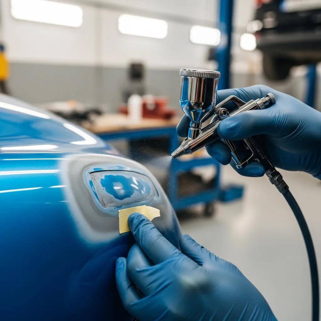 Technician applying paint during auto paint repair in a professional shop, focusing on color matching and surface preparation for vehicle aesthetics.