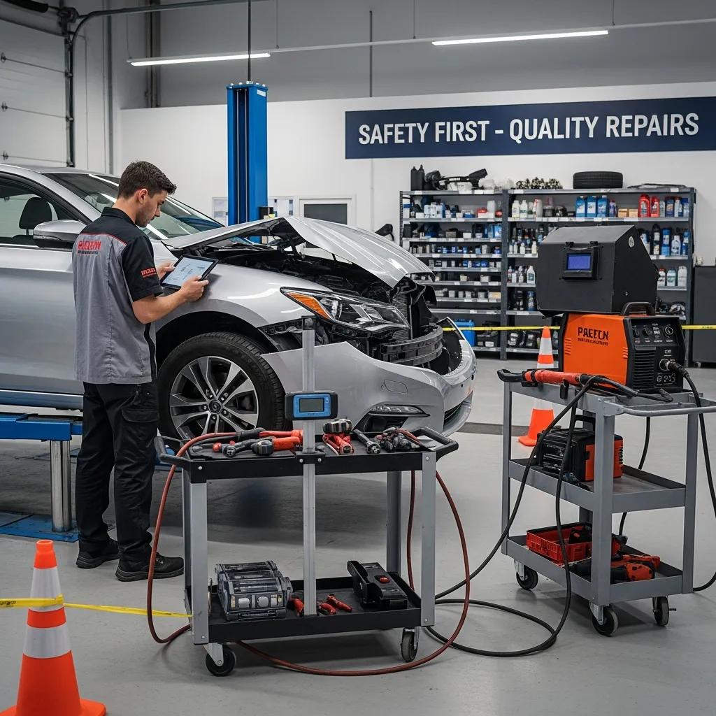 Technician assessing vehicle damage in a collision repair shop, with tools and equipment for quality auto body repairs, emphasizing safety and restoration services in Mason, MI.
