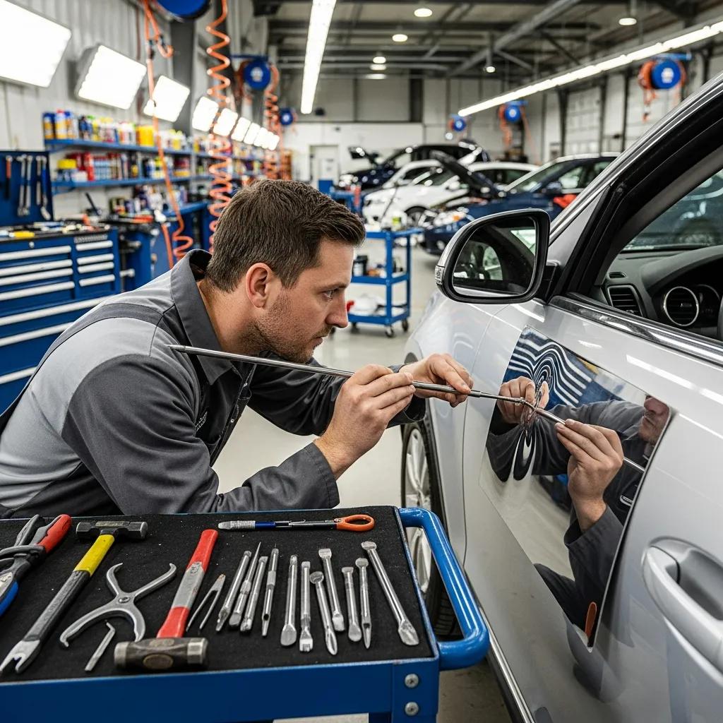 Technician performing dent removal on a vehicle in an auto body shop, surrounded by tools and equipment, emphasizing collision repair services in Mason, MI.