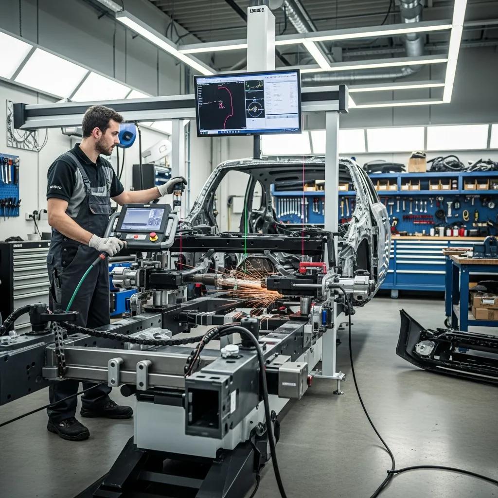 Technician performing frame straightening on a vehicle in an auto body shop, utilizing advanced technology for collision repair in Mason, MI.