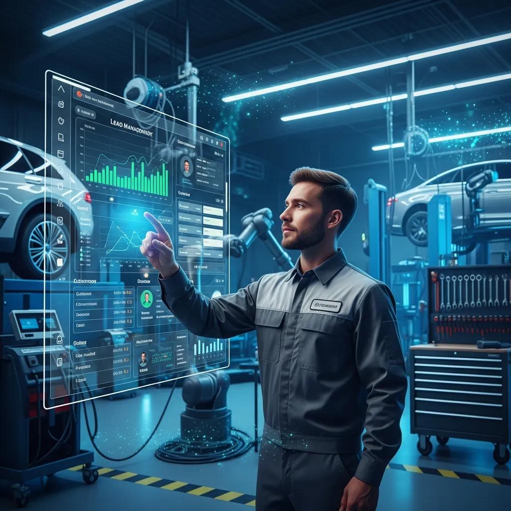 Technician using AI lead management software in an auto body shop, highlighting technology for improved customer service and engagement.