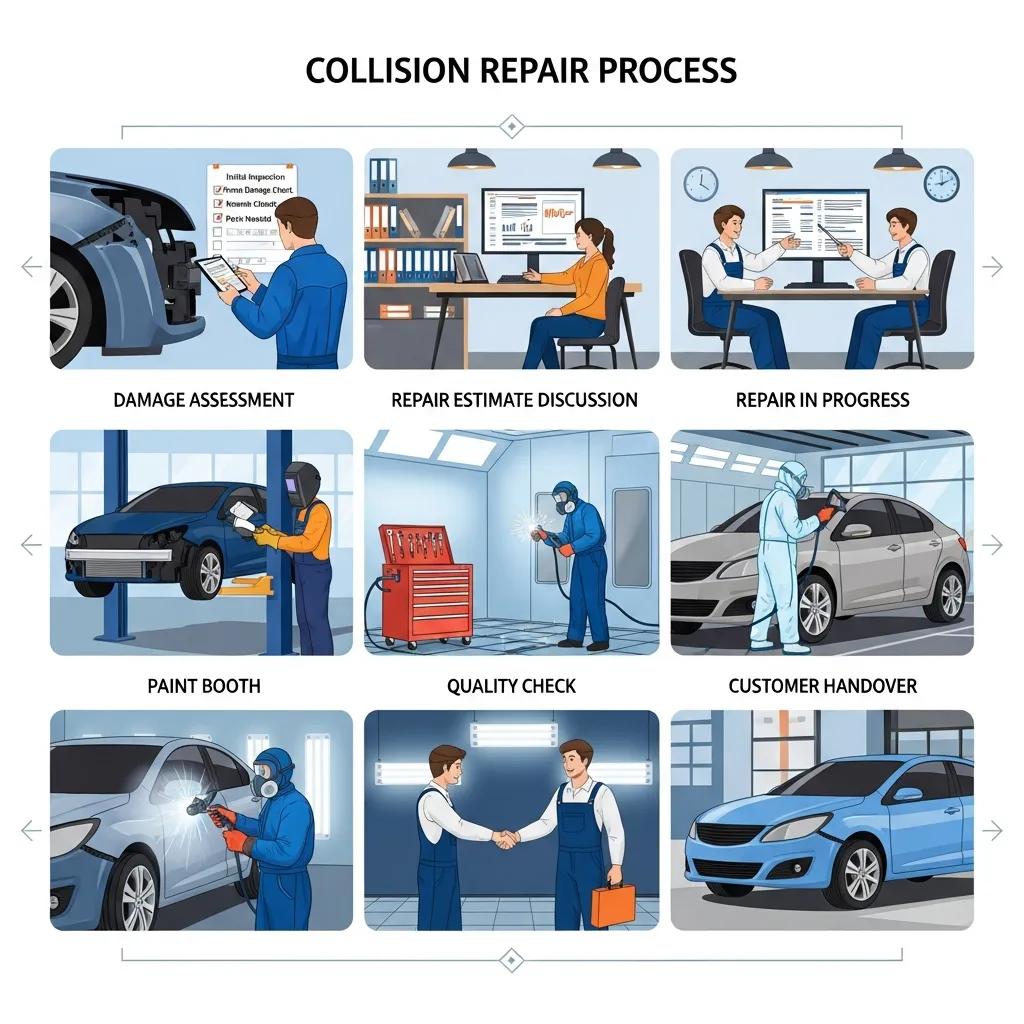 Visual representation of the collision repair process, featuring stages like damage assessment, repair estimate discussion, ongoing repairs, paint booth, quality check, and customer handover, emphasizing interaction between technicians and customers in an auto body shop setting.