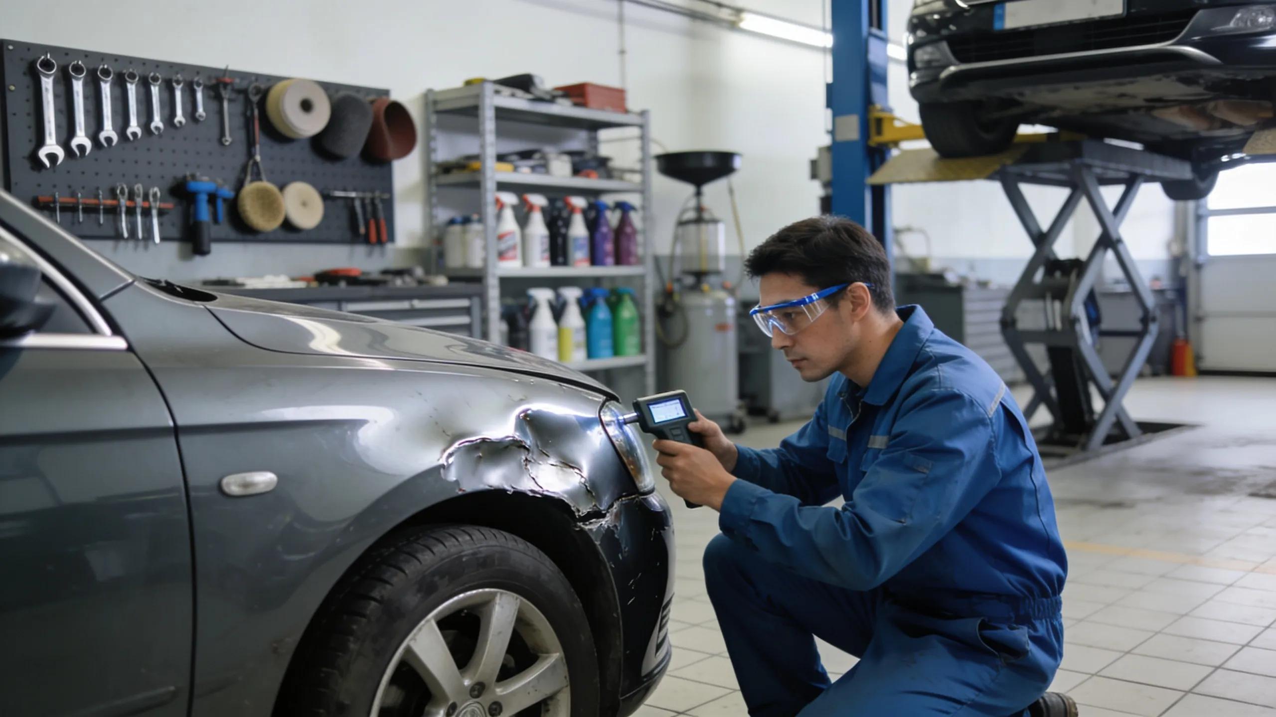 Technician evaluating vehicle damage in a collision repair setting, illustrating the integration of diagnostics and mechanical services