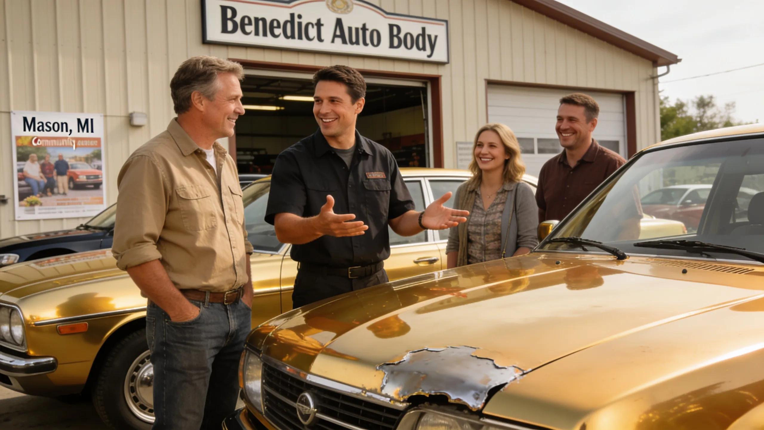 Happy customers interacting with staff at an auto body shop, highlighting excellent service and community focus