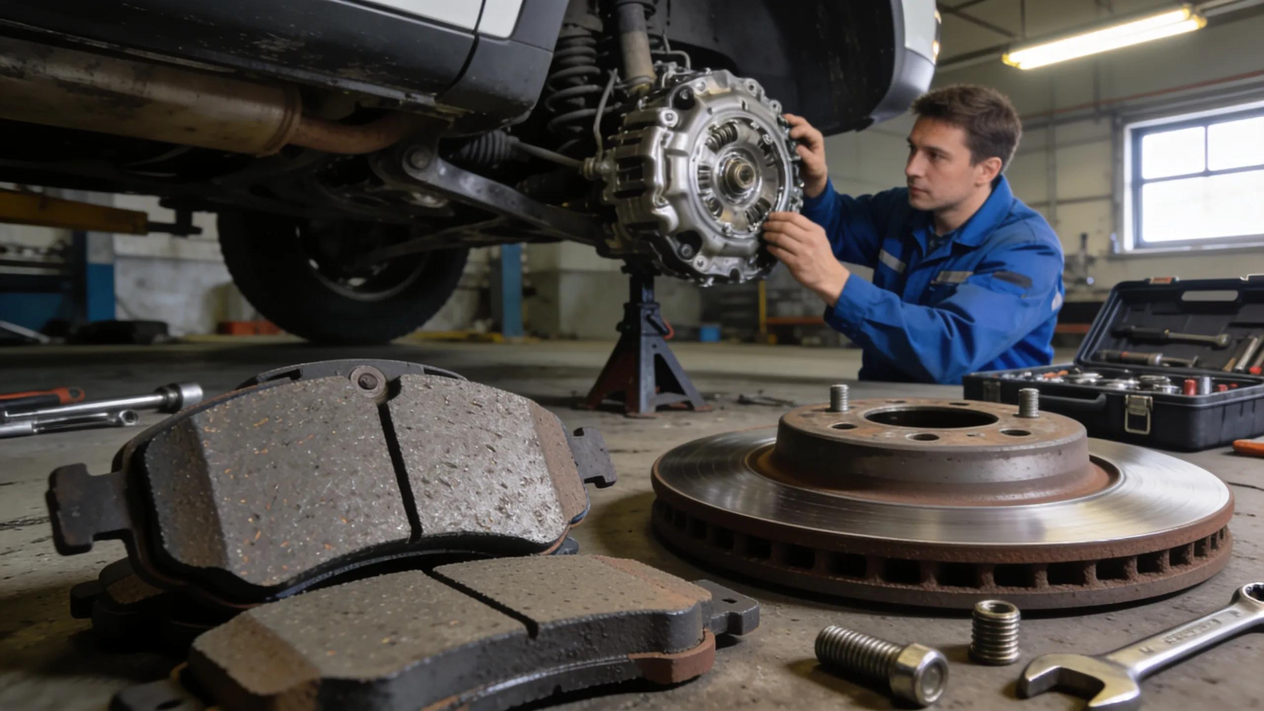 Close-up of brake components and transmission system being checked by a mechanic, emphasizing repairs in Mason, MI