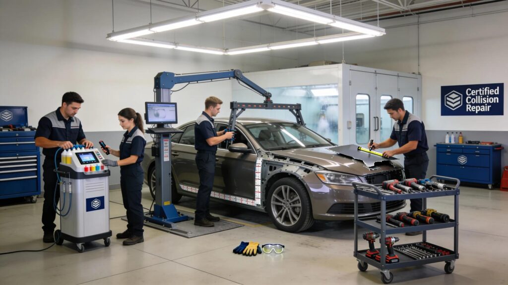 Auto body repair shop showcasing certified technicians at work on vehicle collision repairs