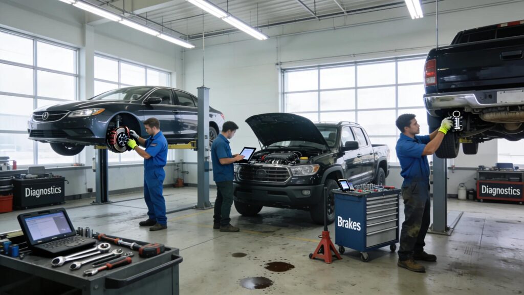 Automotive repair shop with mechanics working on vehicles, highlighting full-service mechanical repairs in Mason, MI