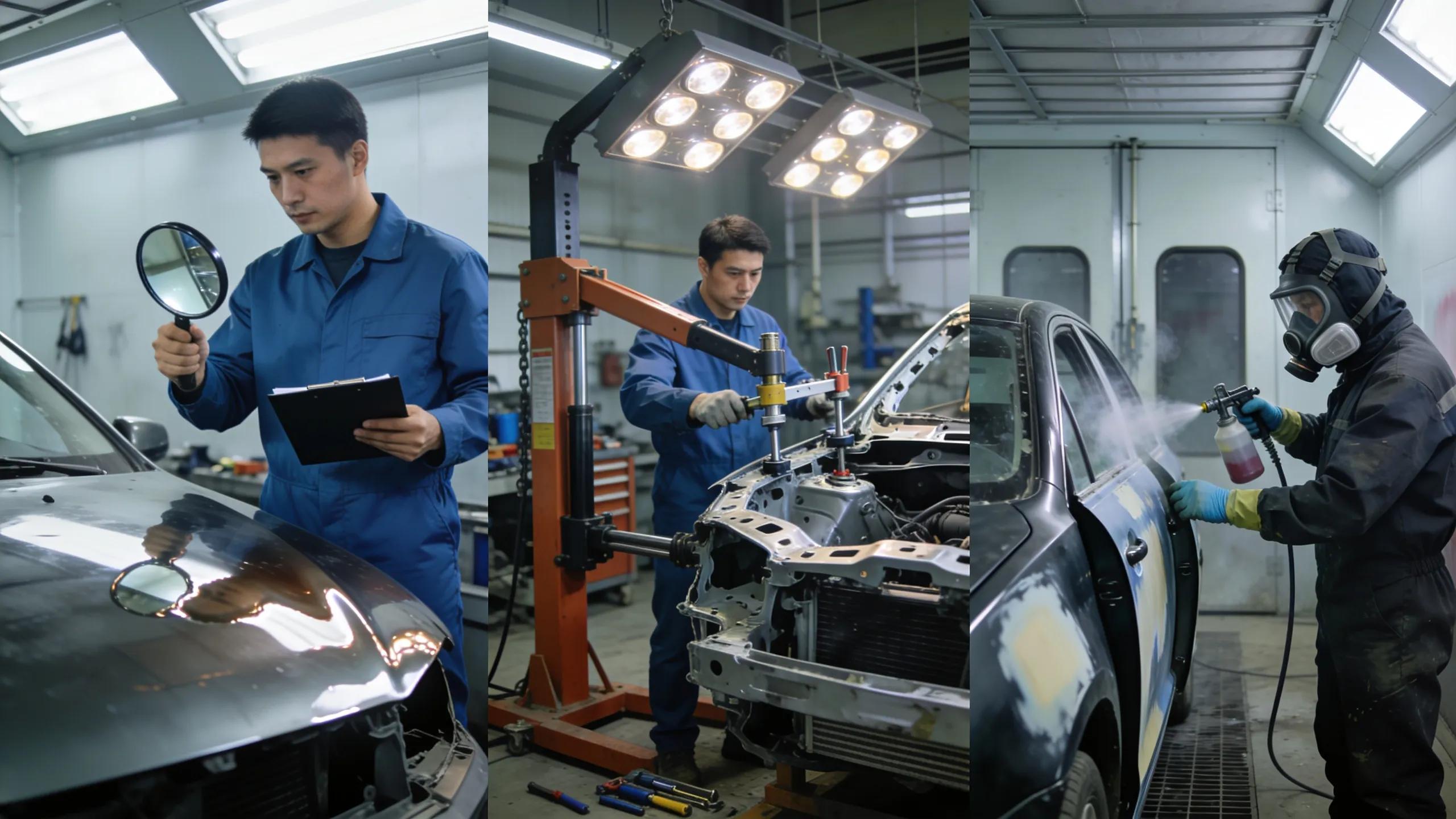 Montage of collision repair processes showcasing assessment, frame straightening, and painting stages