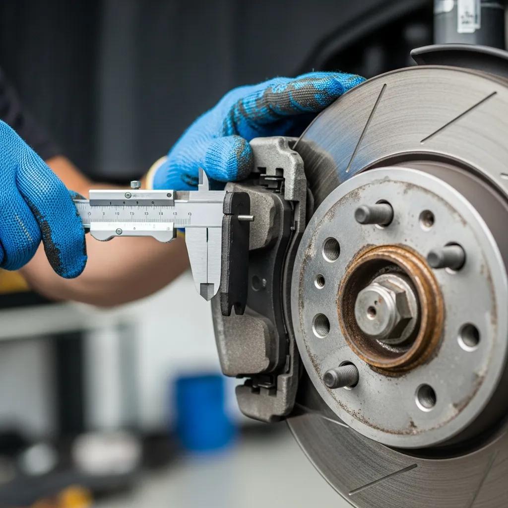 Mechanic inspecting brake pads and rotors, illustrating brake repair services for vehicle safety